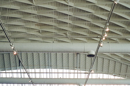 ceiling, beams, pipes, lights, architecture, indoors thumbnail
