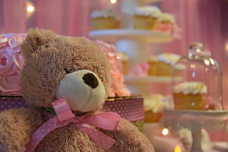 brown teddy bear near cupcakes thumbnail