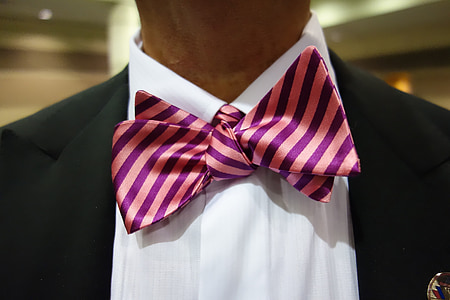 man wearing pink and purple striped bowtie in close-up photo thumbnail