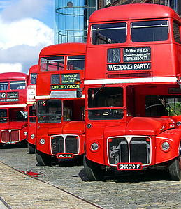 four red double-decker bus parked beside building thumbnail