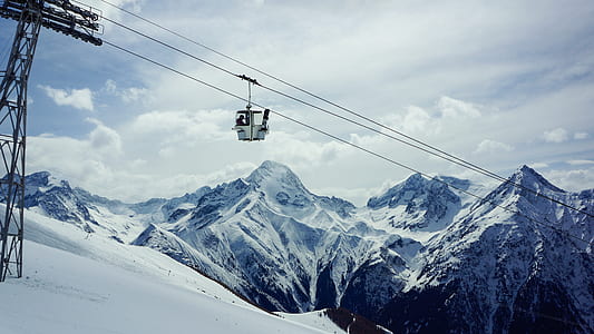 white cable car near snow-covered mountain thumbnail