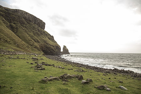 rocks on shore near mountain cliff under blue sky at daytime thumbnail