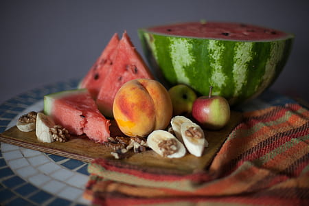 sliced watermelon and honeycrisp apple on tray thumbnail