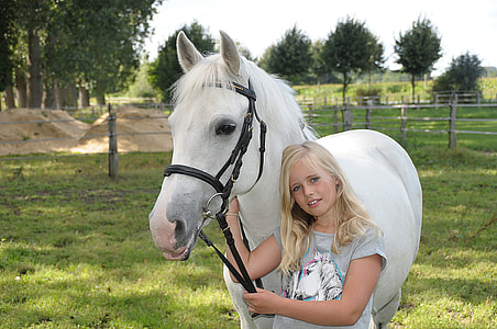 girl in gray crew-neck t-shirt beside white horse on grass field during daytime thumbnail
