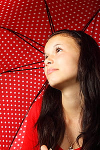 girl in red top holding red and white polka-dot parasol thumbnail