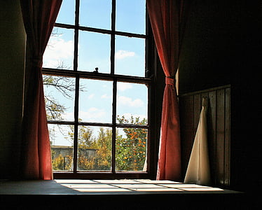 white wooden framed glass pane window with pink curtains thumbnail