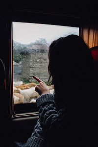 woman pointing her finger on glass window thumbnail