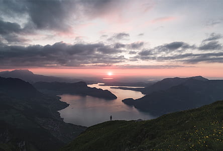 aerial view of lake surrounded by mountains thumbnail