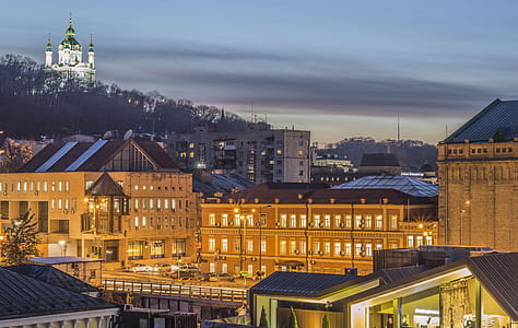 Aerial View of Brown-and-gray Lighted Buildings thumbnail