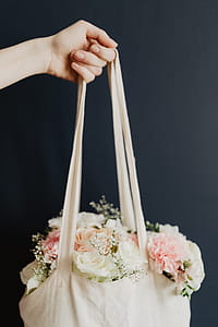 Bouquet of flowers in a bag with some fairy lights thumbnail