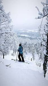 person standing near snow covered trees during daytime thumbnail