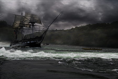 photo of black galleon ship under black clouds thumbnail