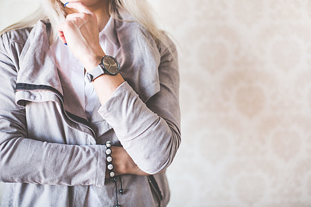 Girl Fashion Pose with Gray Watches and Suede Jacket thumbnail