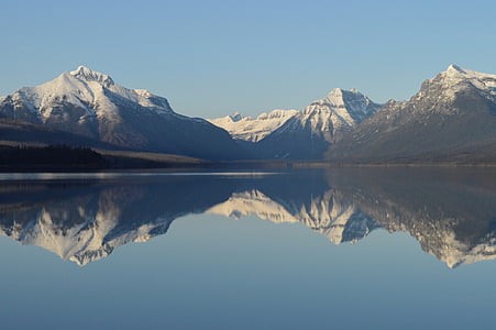 panoramic photo of lake beside snow-capped mountains with reflection on water thumbnail