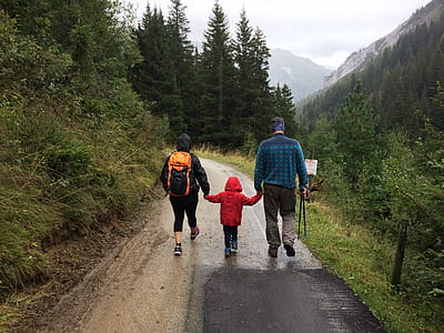 toddler holding hands with man and woman walking between trees thumbnail