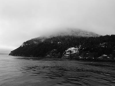 mountain near sea graysclae photo thumbnail