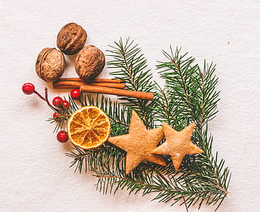 green leaf, lime, brown star decor, and brown seeds on wall thumbnail