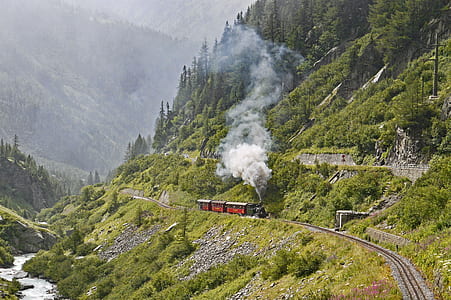 photo of train passing mountain covered with trees during daytime thumbnail