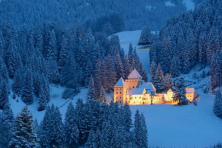white mansion in middle of snowfield with lights during day thumbnail