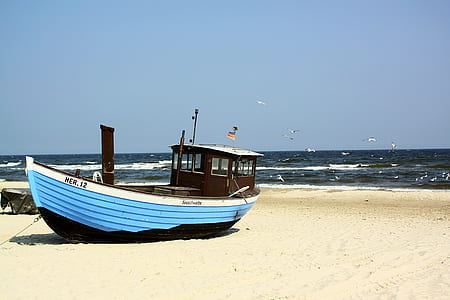 blue and black boat near beach thumbnail