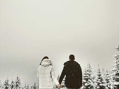 couple holding hands in the middle of snow covered field with trees surrounded thumbnail