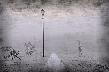 lamp post near pathway grayscale painting thumbnail