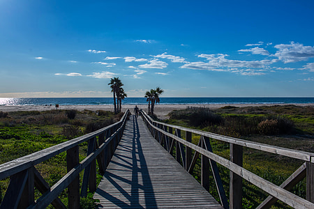 person walking on gray wooden walk bridge towards seashore thumbnail