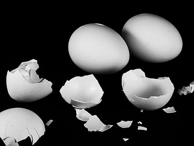 two white chicken eggs with cracked egg shell thumbnail