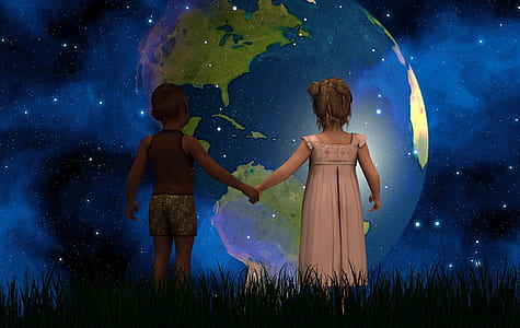 two toddlers hold hands facing earth illustration during nighttime thumbnail