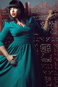 woman in green 3/4 sleeved natural waist dress thumbnail