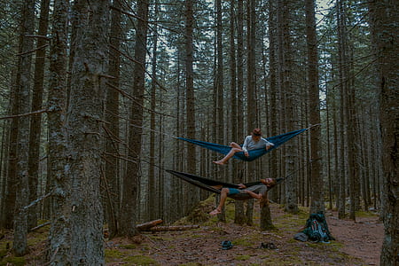 photo of man and woman lying on black and blue hammocks thumbnail