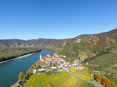 River and town in Durnstein Durnstein Niederosterreich, Austria thumbnail