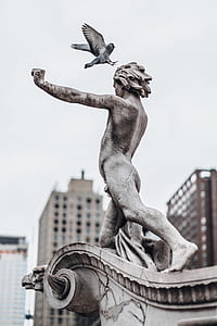 gray and white pigeon flying towards human concrete statue thumbnail