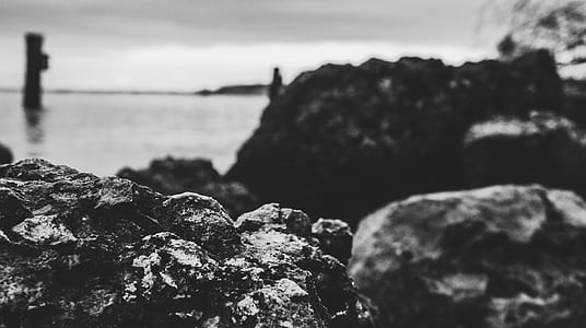 Grayscale and Selective Focus Photo of Sea Shore thumbnail