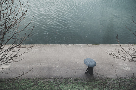 person under umbrella walking alone on sidewalk near body of water thumbnail