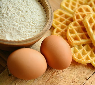 two eggs, white powder on brown bowl, and waffle thumbnail