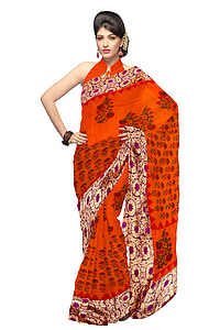 woman wearing red and black floral saree thumbnail