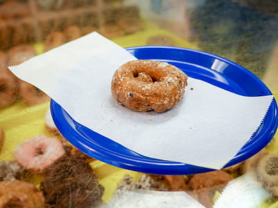 Blueberry donut sitting on a blue plate in a donut shop. thumbnail