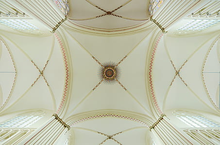 low-angle photo of square beige and yellow ceiling thumbnail
