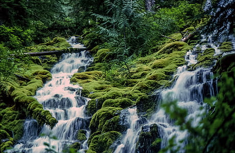 View of waterfalls in green mountains thumbnail