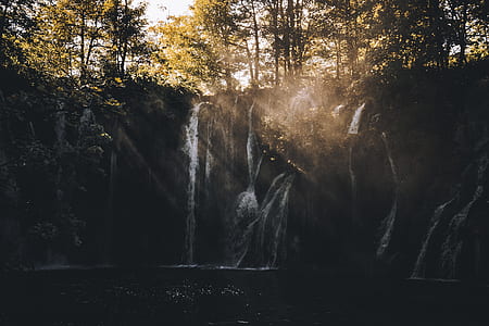 landscape photography of water falls and trees thumbnail