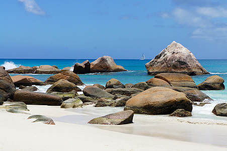 white sand at the seashore and rock formation under blue sky during daytime thumbnail
