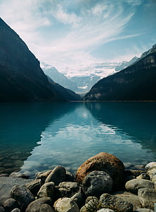 lake in between mountain under cloudy sky thumbnail