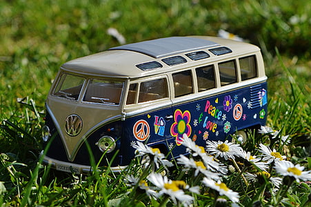 blue and white Volkswagen Transporter scale model near white petaled flowers thumbnail