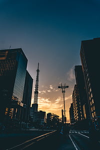 empty road surrounded by buildings during sunset thumbnail