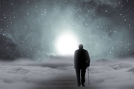 man holding walking cane on clouds illustration thumbnail