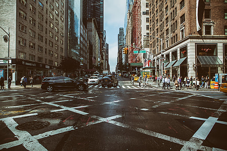 Wide angle shot taken at a traffic junction in Manhattan, New York City thumbnail