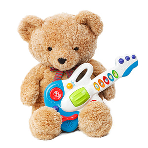 brown bear holding white and blue guitar toy thumbnail