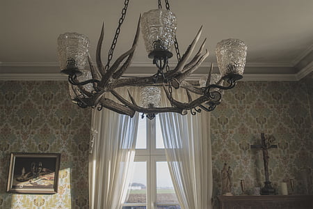 clear and gray antler uplight chandelier inside room thumbnail