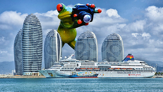 green frog taking photo of cruise ship thumbnail